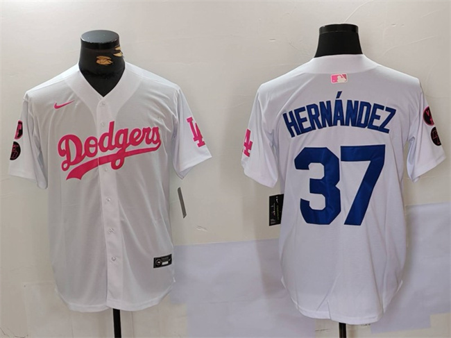 Men's Los Angeles Dodgers #37 Teoscar Hernández White/Pink Vin & Kobe Patch Stitched Baseball Jersey Men's Los Angeles Dodgers #37 Teoscar Hernández White/Pink Vin & Kobe Patch Stitched Baseball Jersey